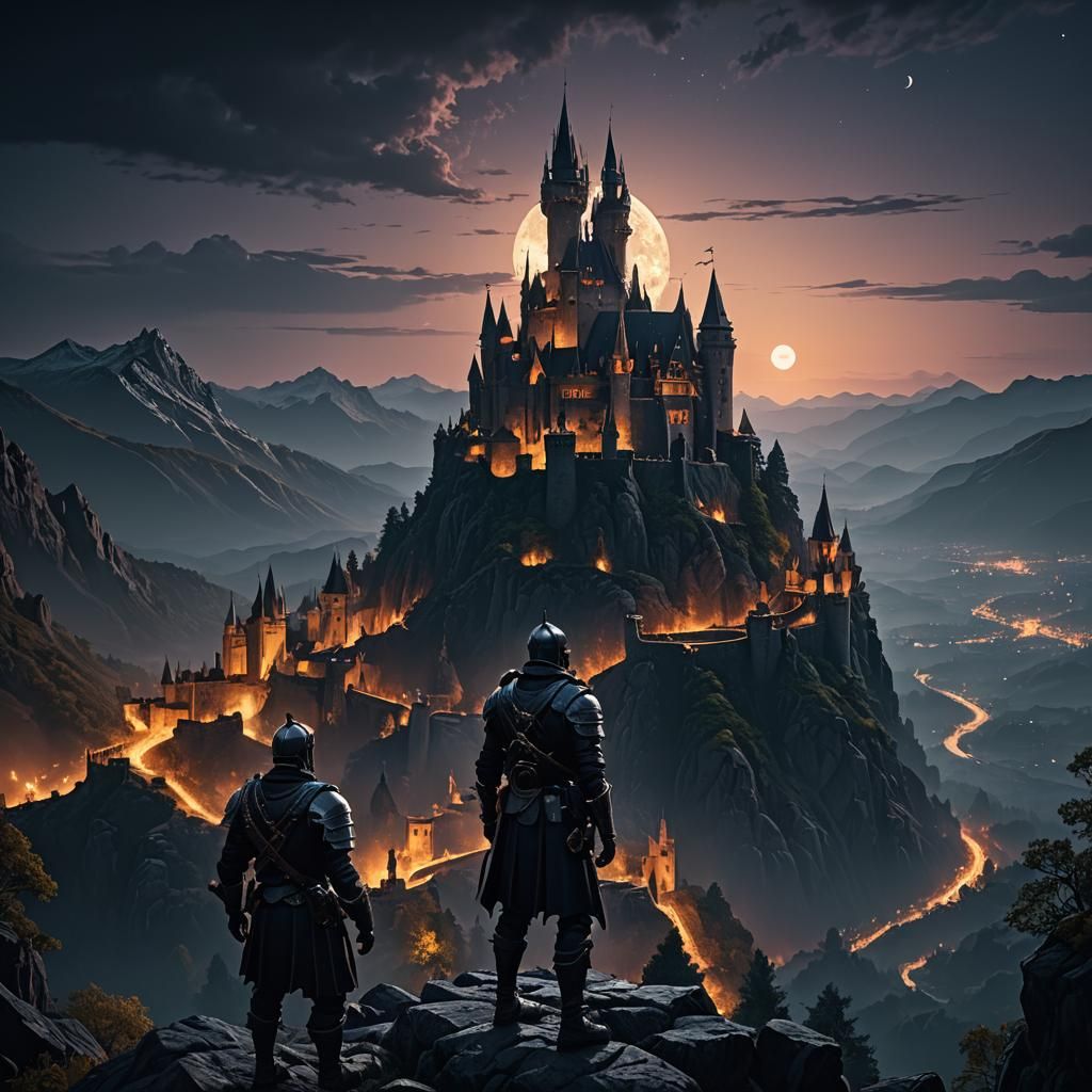 Dark Fantasy Soldier Contemplates a Mystical Castle at Dusk