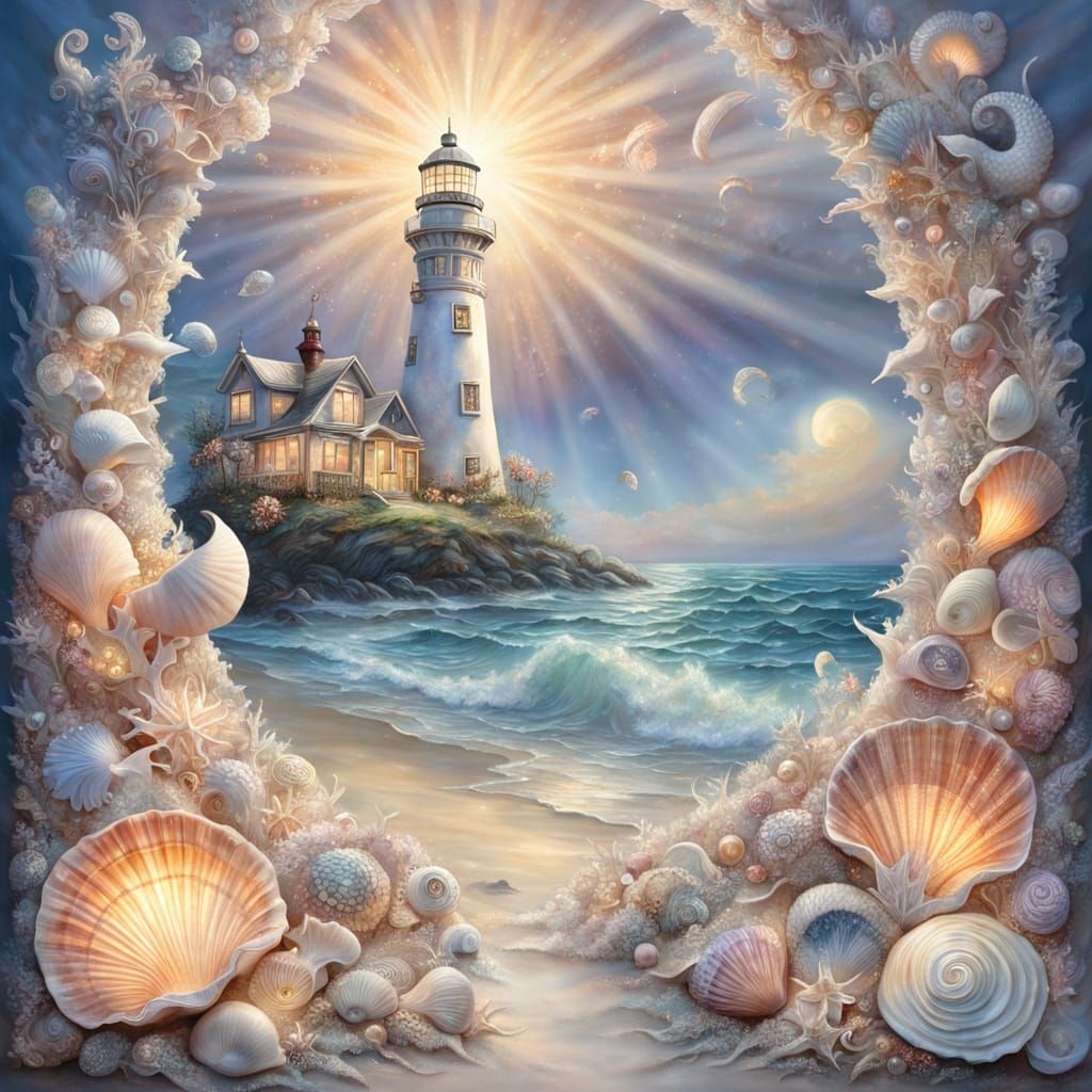Ethereal Seashell Lighthouse on Misty Beach