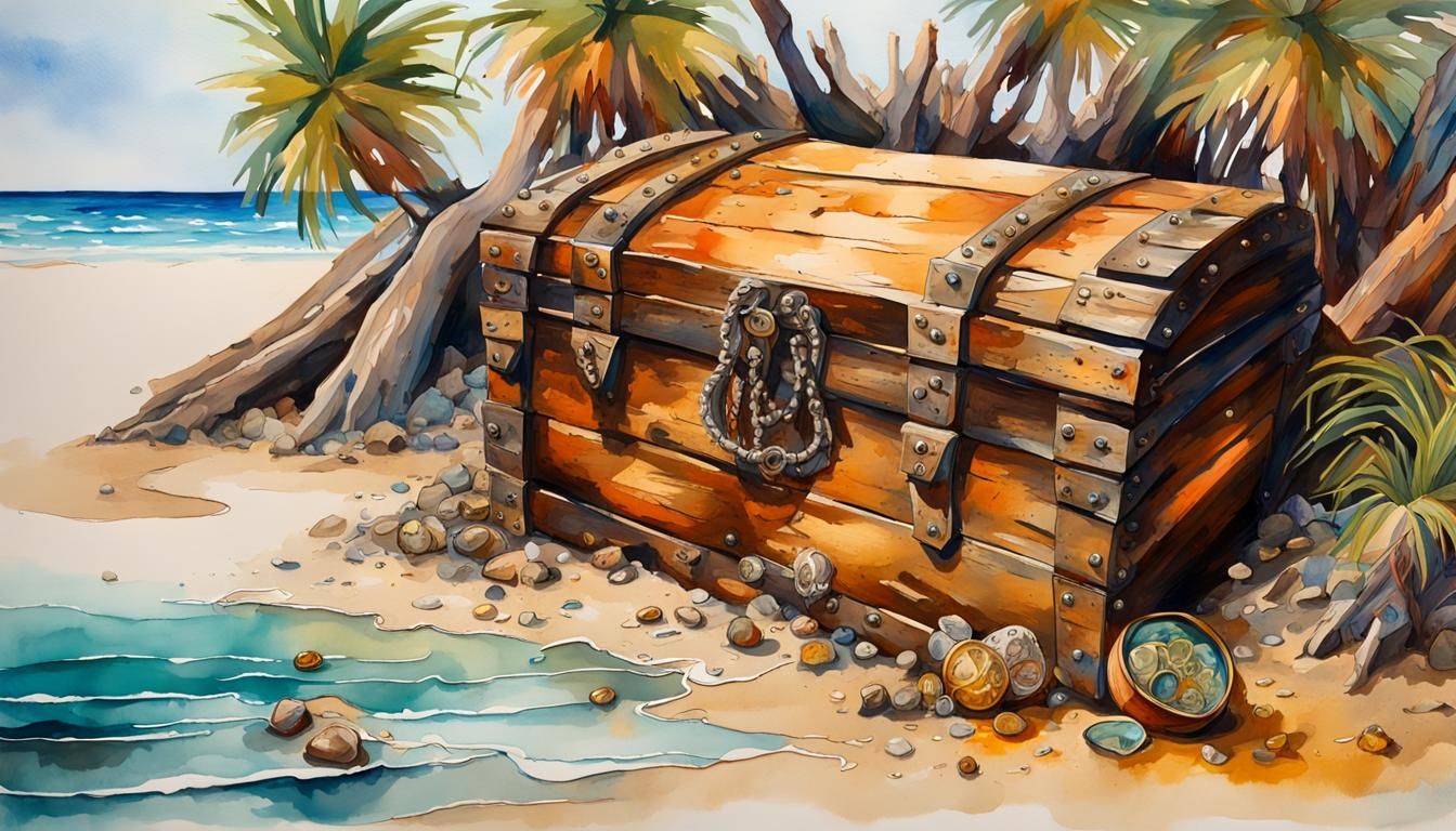 Hyperrealistic Beach Scene with Rusted Treasure Gouache Mast...