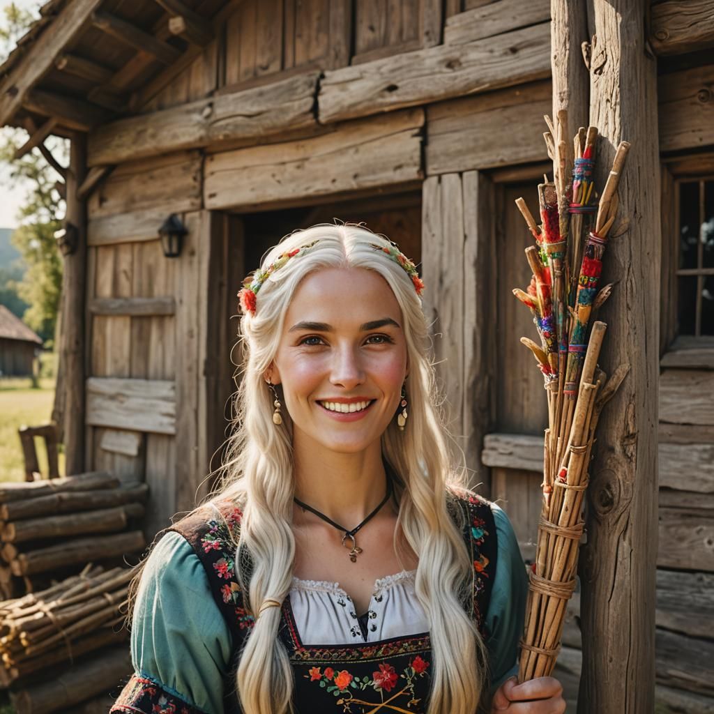 White Haired Peasant Girl Carrying a Bundle of Sticks