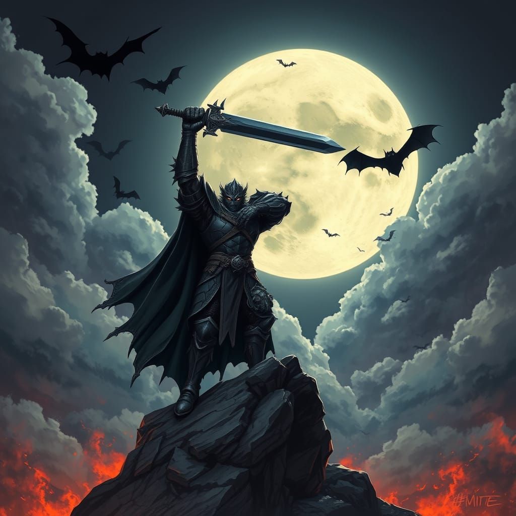 Dark Fantasy Warrior on Rocky Outcrop in Full Moonlight