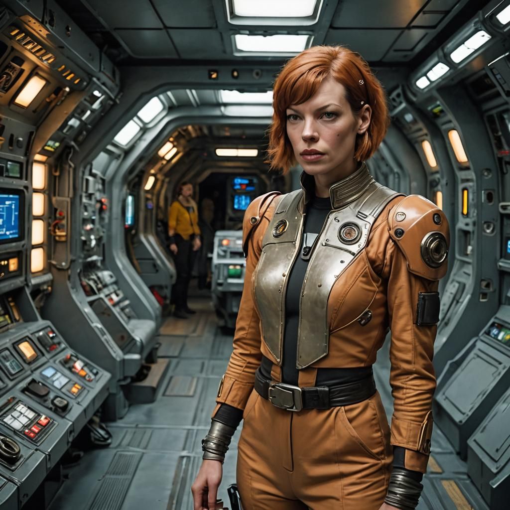 Milla Jovovich as Navigator in Futuristic Freighters Bridge