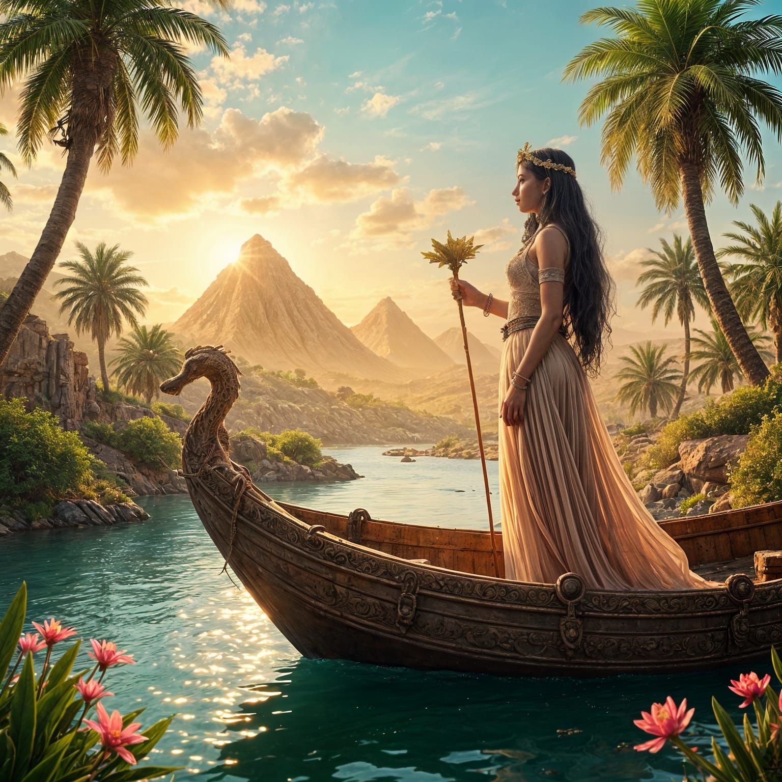 Ancient Egyptian Goddess on Luxurious Barge with Observant P...
