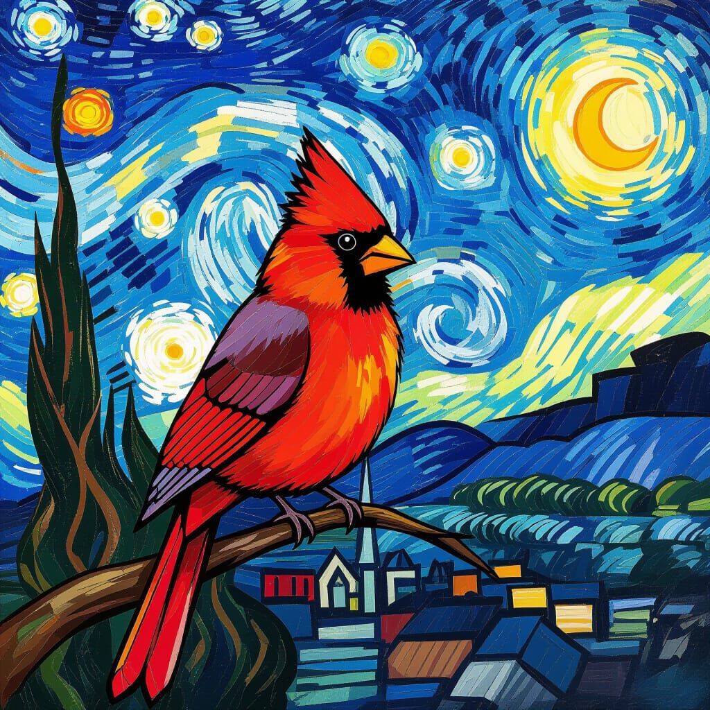 Cardinal on Branch in Van Gogh Style
