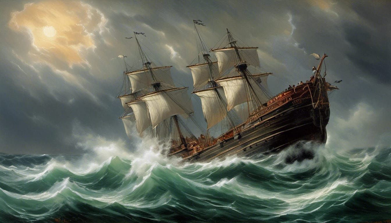 Cyberpunk Victorian Steamship in Turbulent Stormy Weather