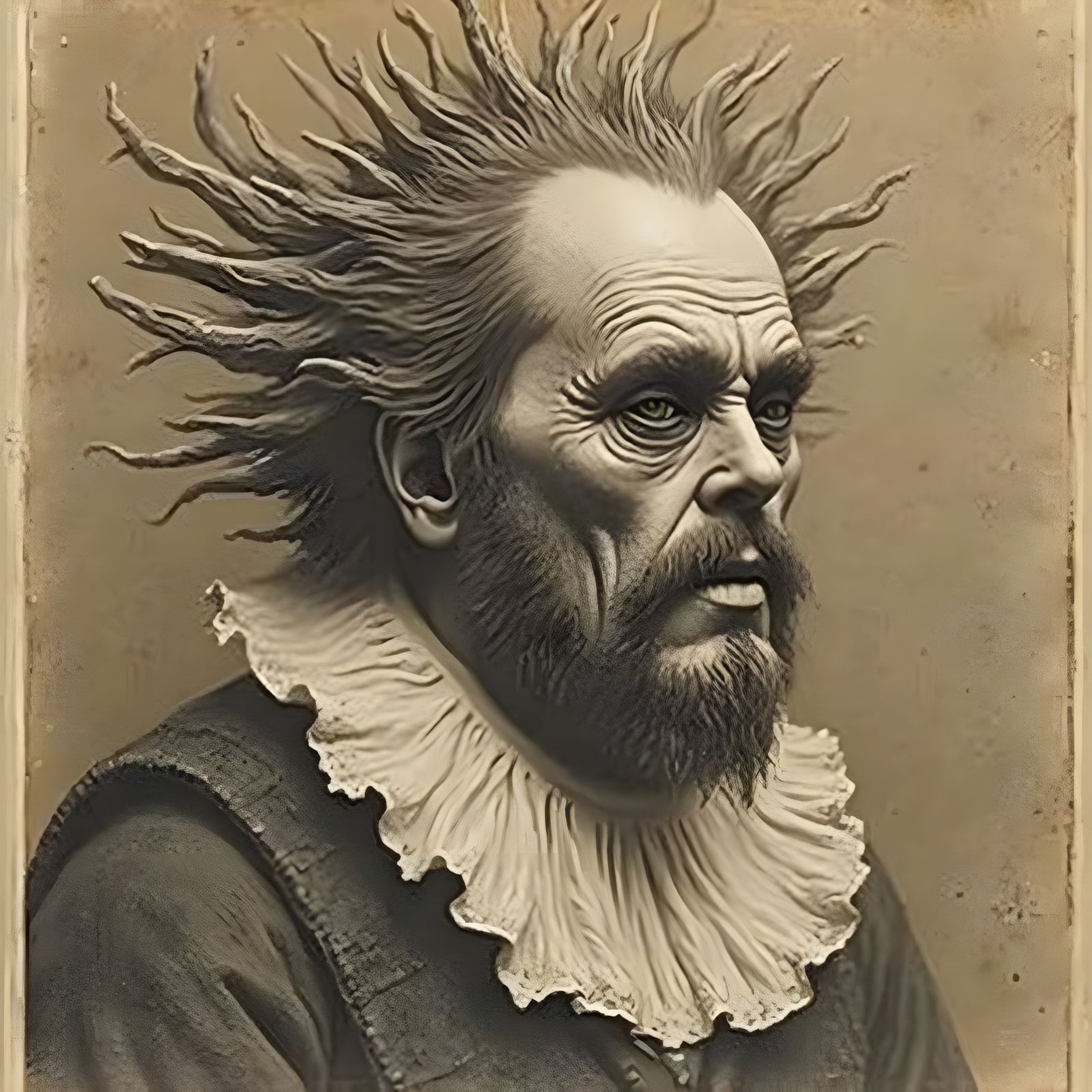 Detailed Etching of Bizarre Winged Creatures with Gold Leaf