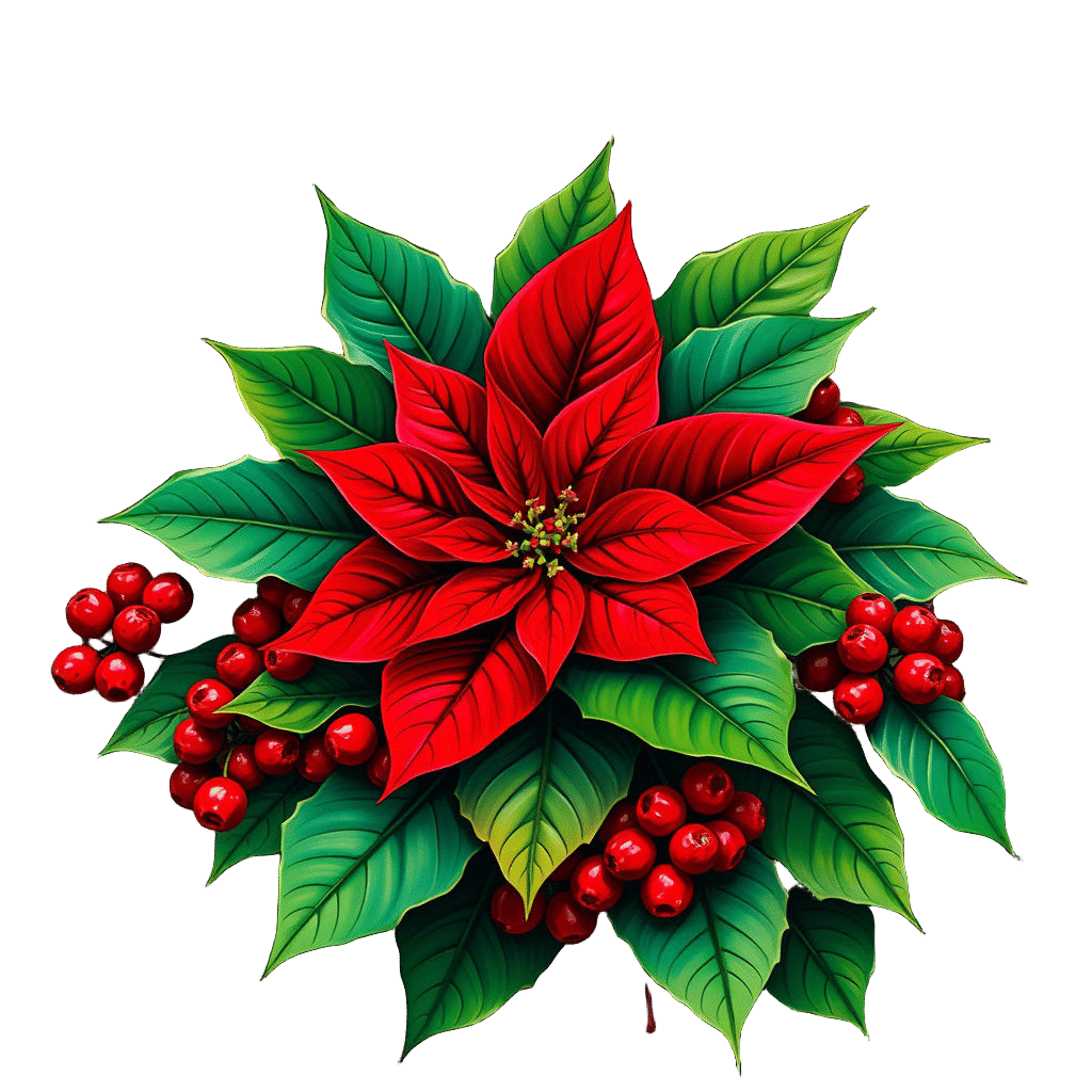 Vibrant Poinsettia Blooms Amidst Holly and Berries