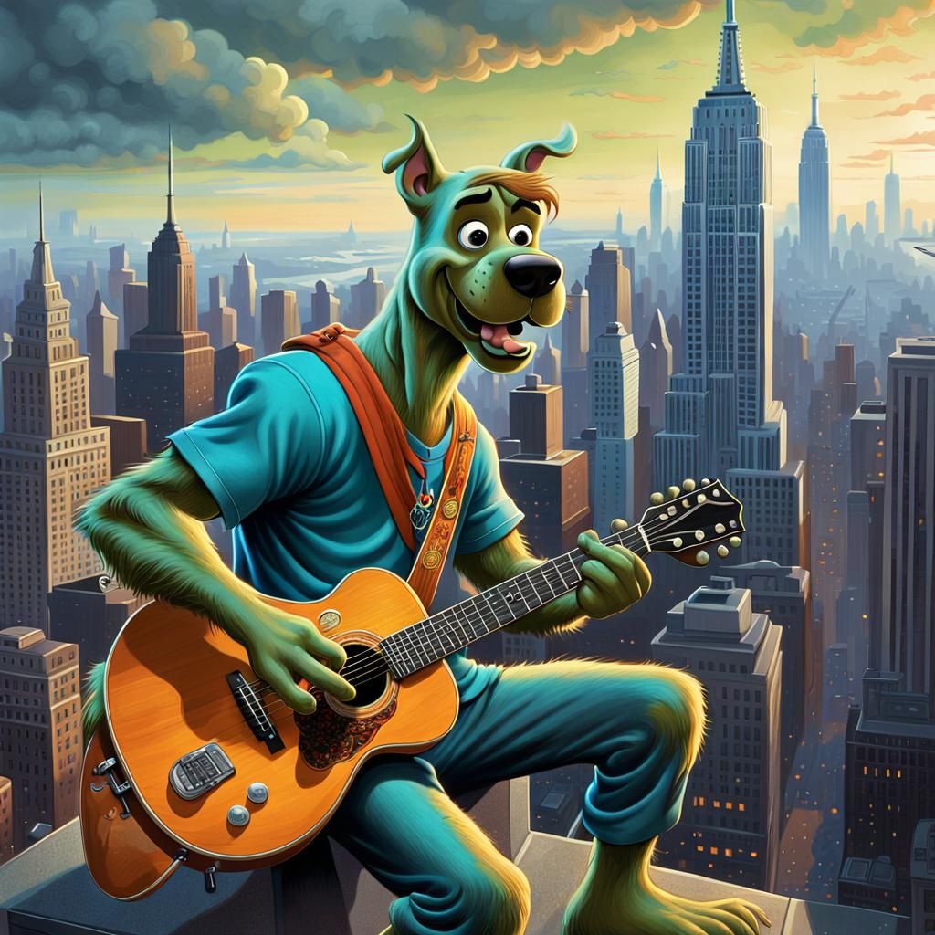 Scooby Doo Plays Guitar in Vibrant Cityscape