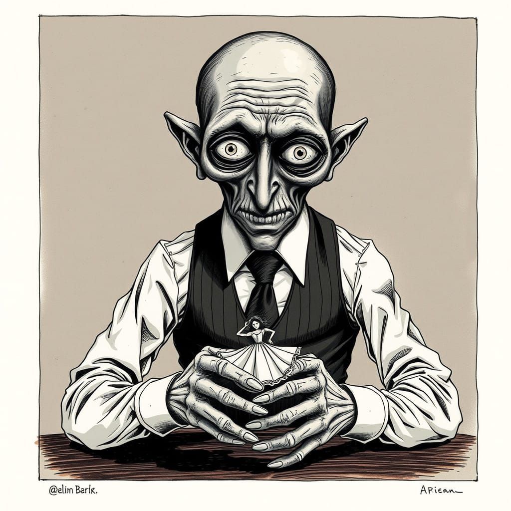 Macabre Whimsy in Ink Illustration: Grotesque Gentleman with...