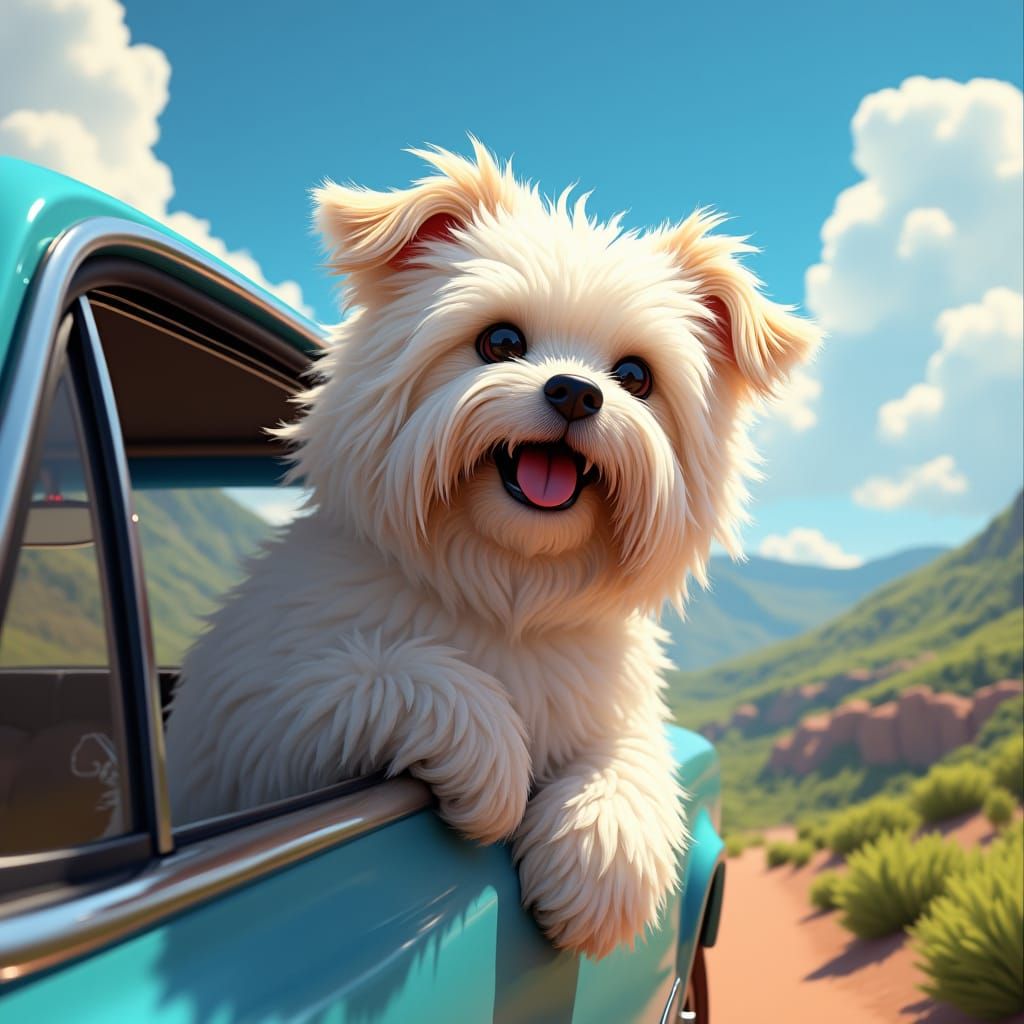 Harmonious Havanese Dog Hangs Out of Car Window in Vibrant L...