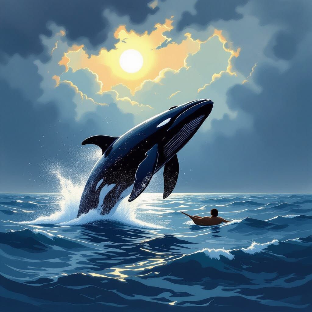 Lino cut. A majestic whale breaching from a stormy, dark sea...