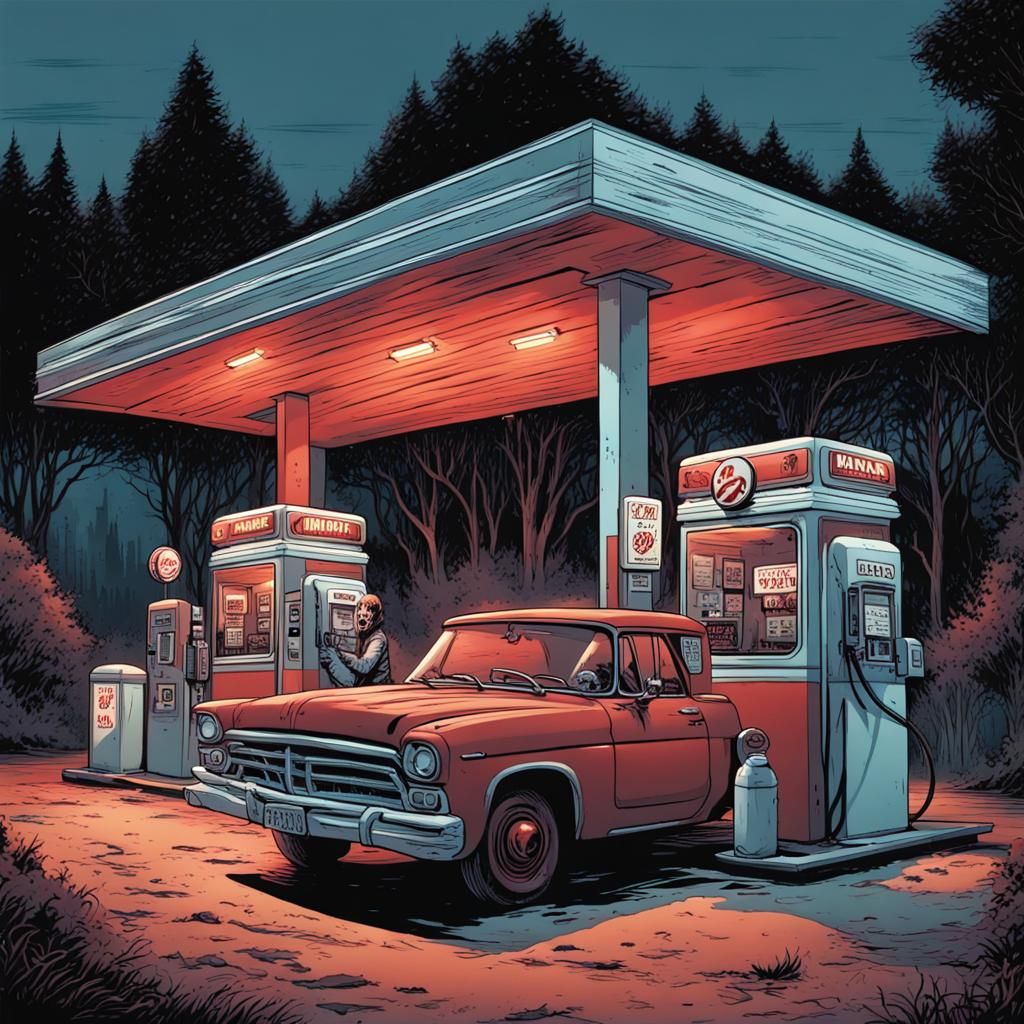 Eerie Gas Station in the Night
