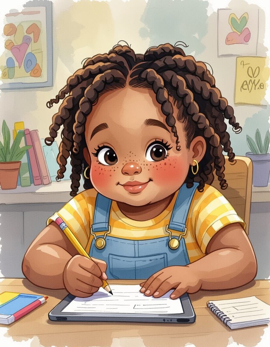 Playful Watercolor of Girl Drawing at Desk