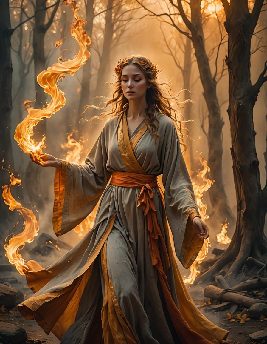 Ethereal Flame Maiden in Golden Hues
