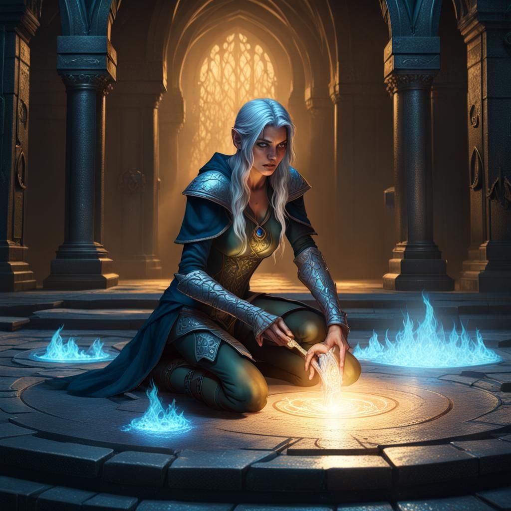 Ethereal Elvish Rogue Reaches for Treasure in Glowing Blue F...