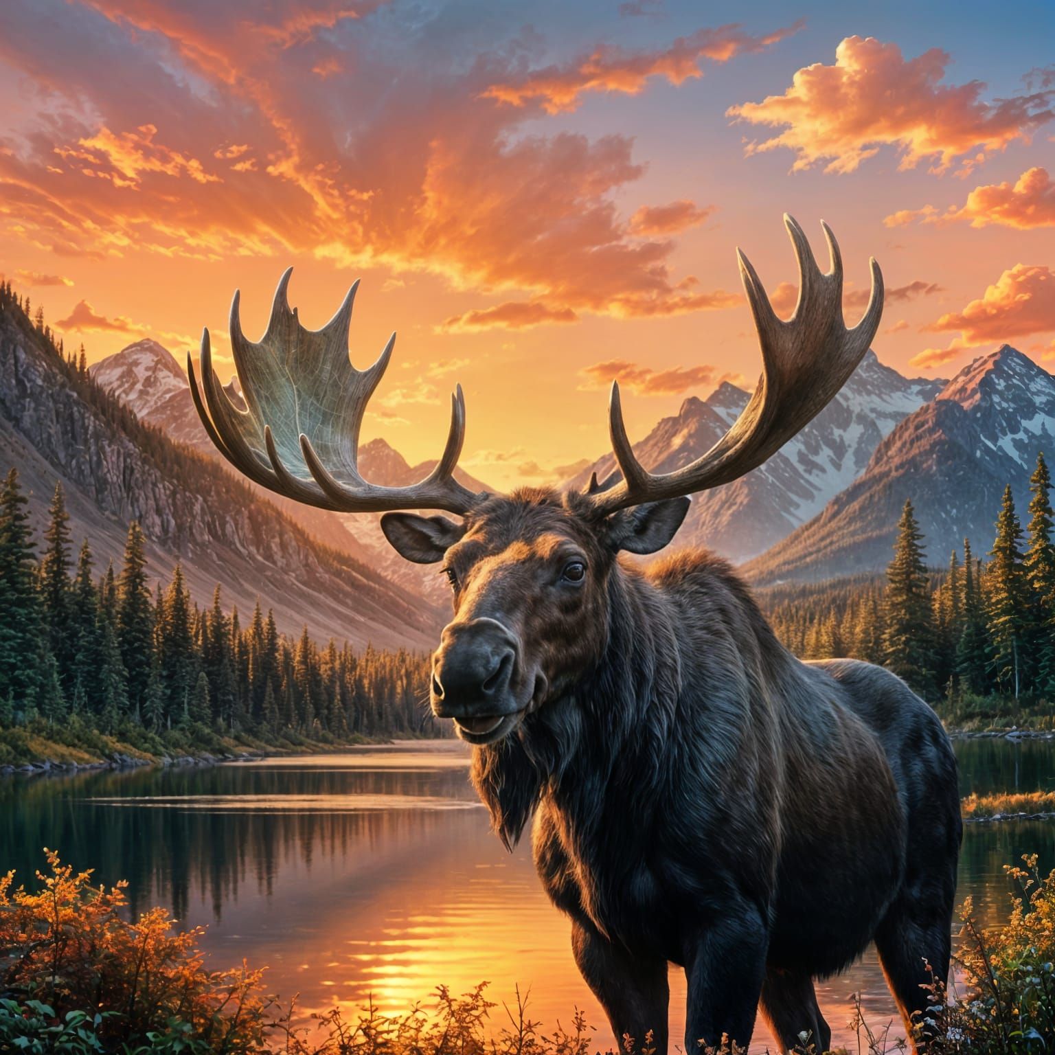 moose in a colorful sunset canadian landscape