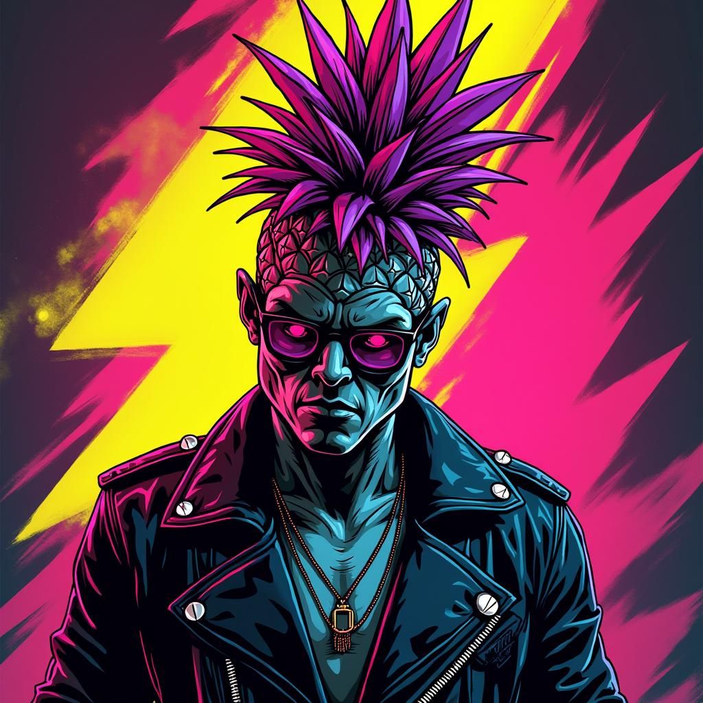 Punk Rock Pineapple in Neon Colors with Bold Outlines and Ge...