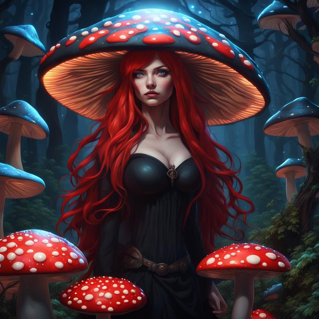 Mystical Mushroom Maiden in a Whimsical Woodland at Night