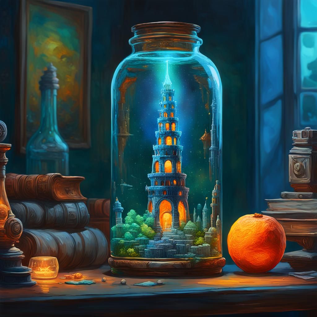 Fantasy Tower in Glass Bottle Oil Painting