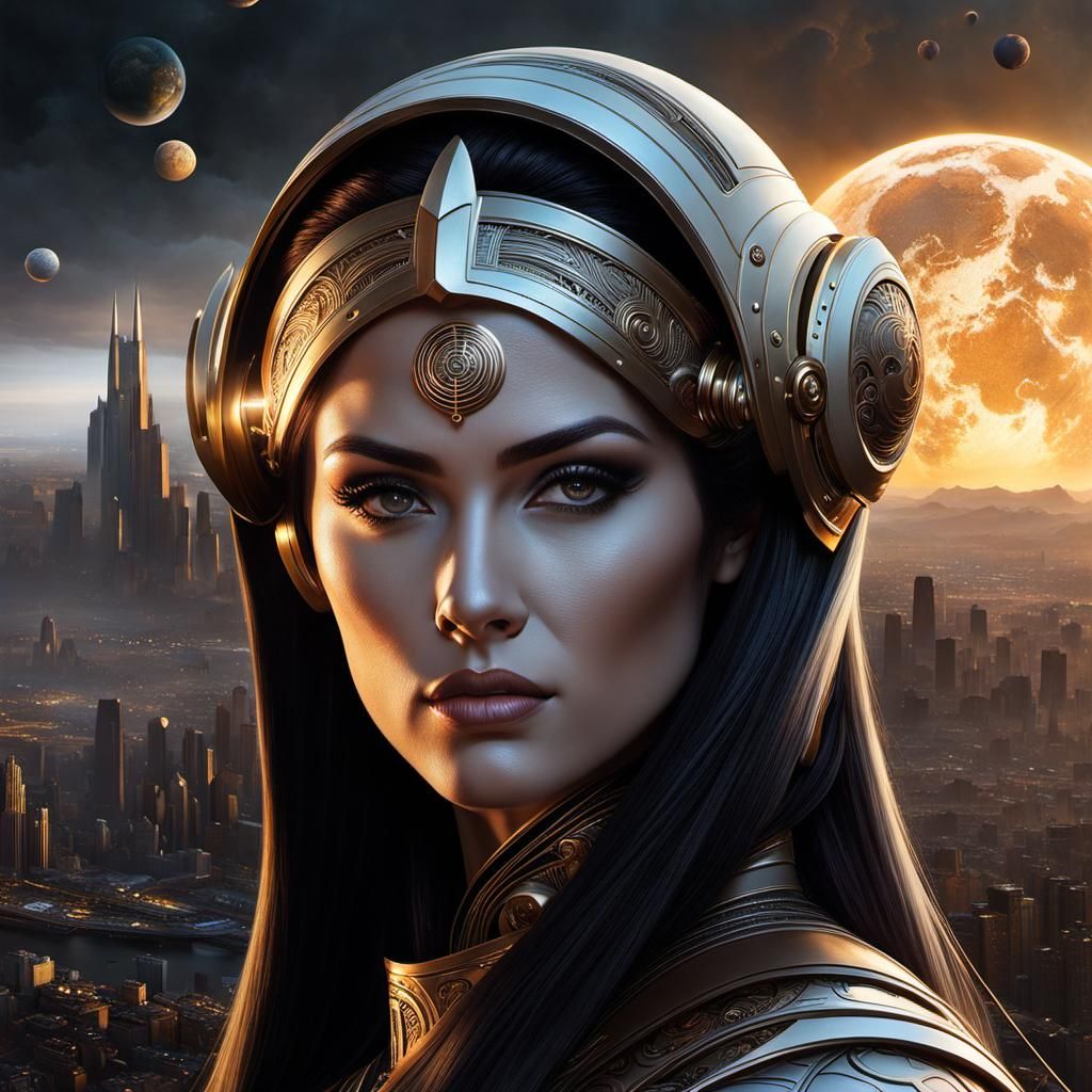 Steampunk space city woman