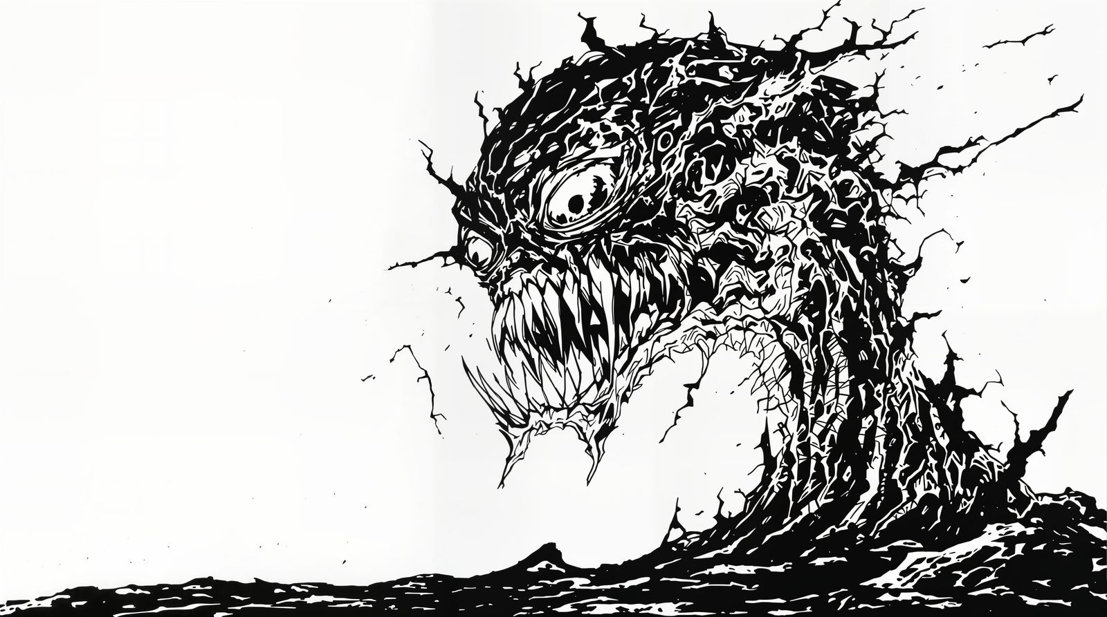 Stylized Black and White Line Drawing of a Monster