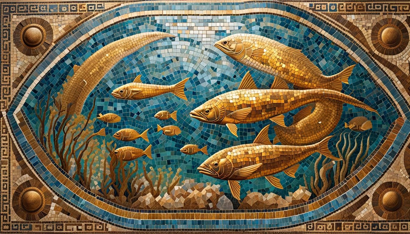 Underwater Mosaic from Eretria. Ancient Greek theme mosaic. High quality High detail.