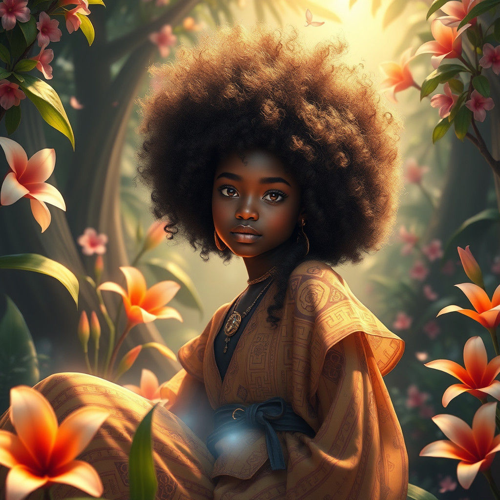 Fantasy Concept Art of a Whimsical Black Girl in a Dreamlike...