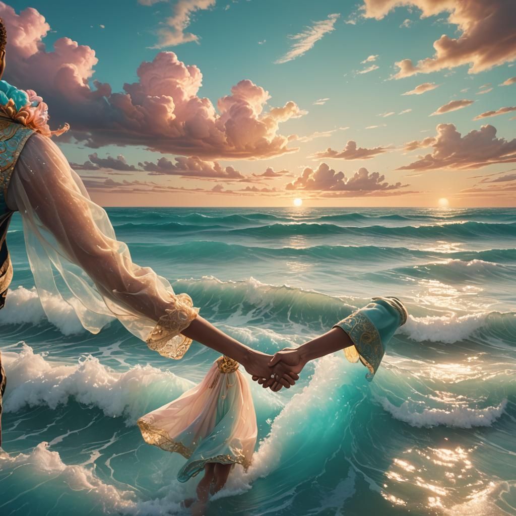 Ethereal Moment of Two Figures Embracing on Oceanic Horizon