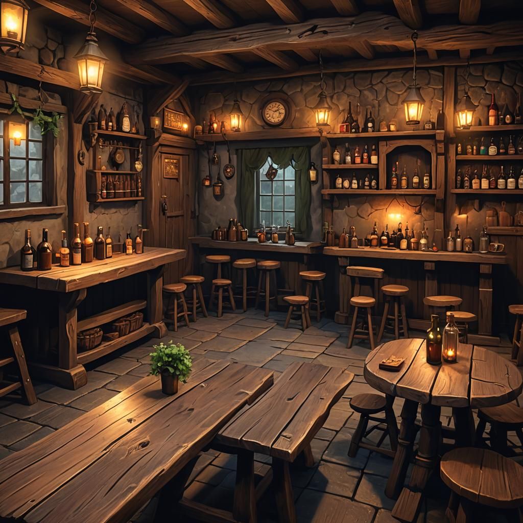 Cozy Fantasy Tavern Interior with Rustic Charm