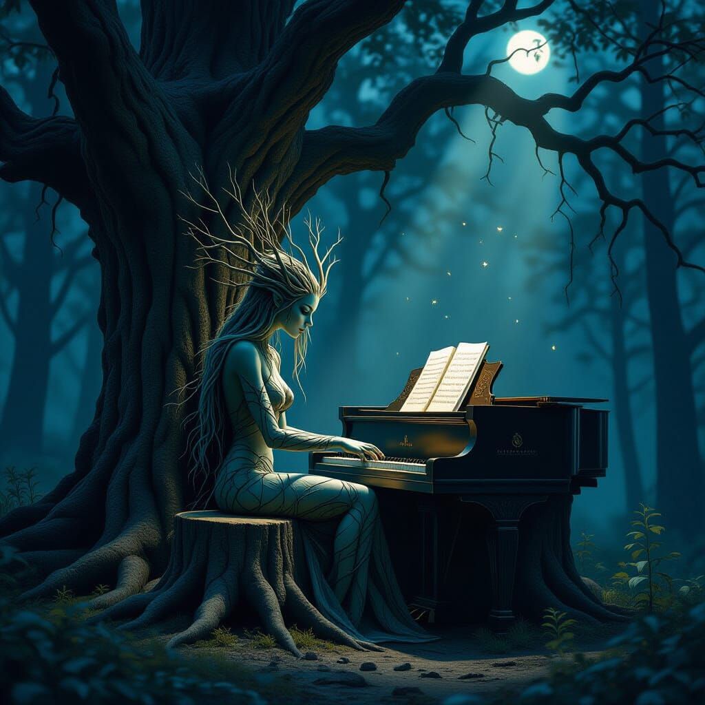 Dryad and Piano Tree in Dark Fantasy Forest