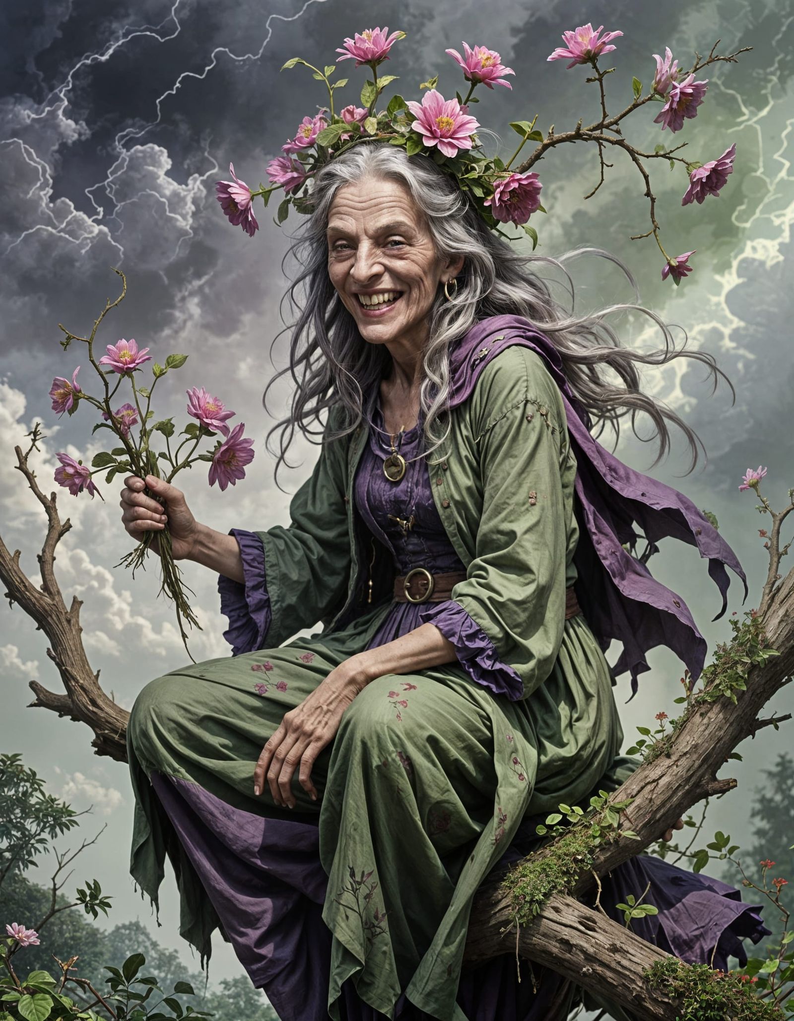 Grotesque Witch Portrait with Floral Headdress