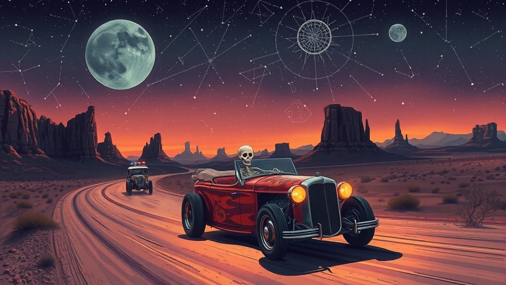 Skeleton Hot Rodder on Desert Highway