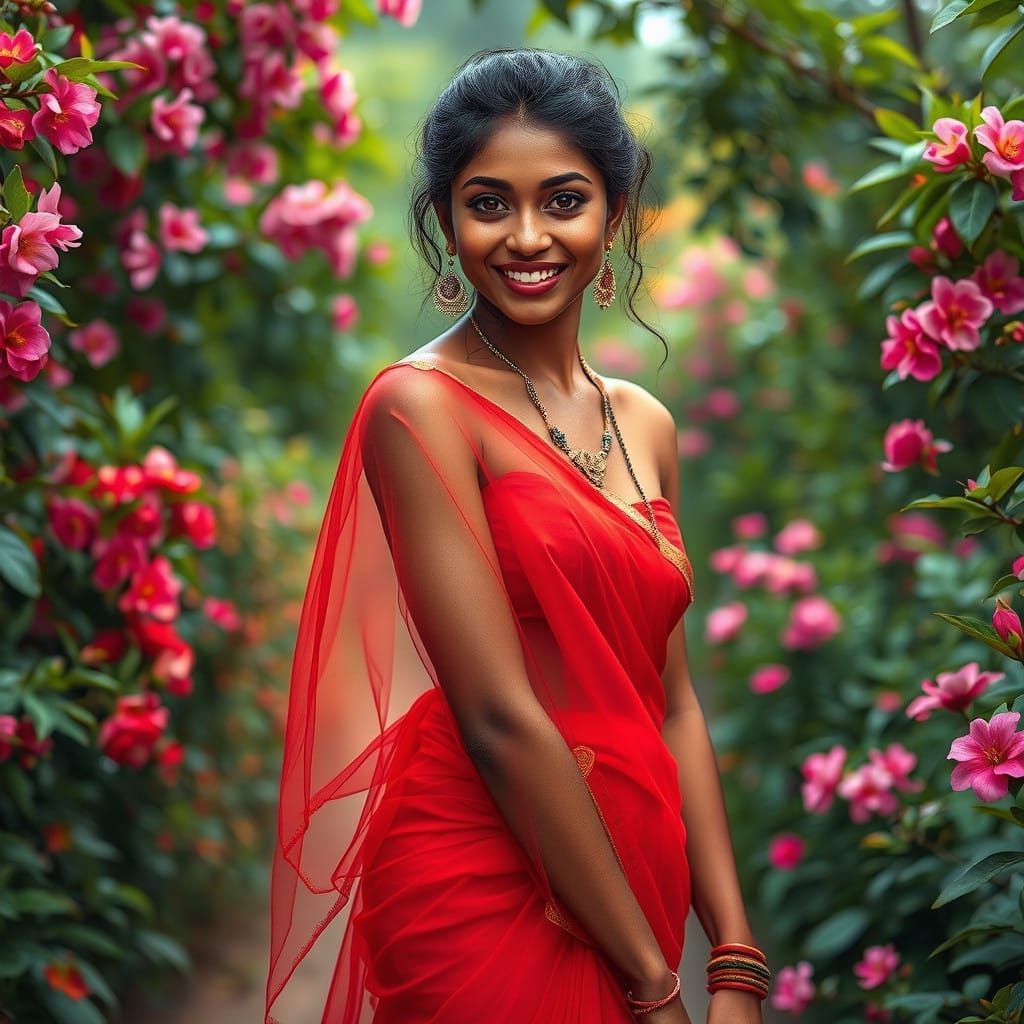 Confident Tamil Indian Goddess in Vibrant Red Sari Wrap