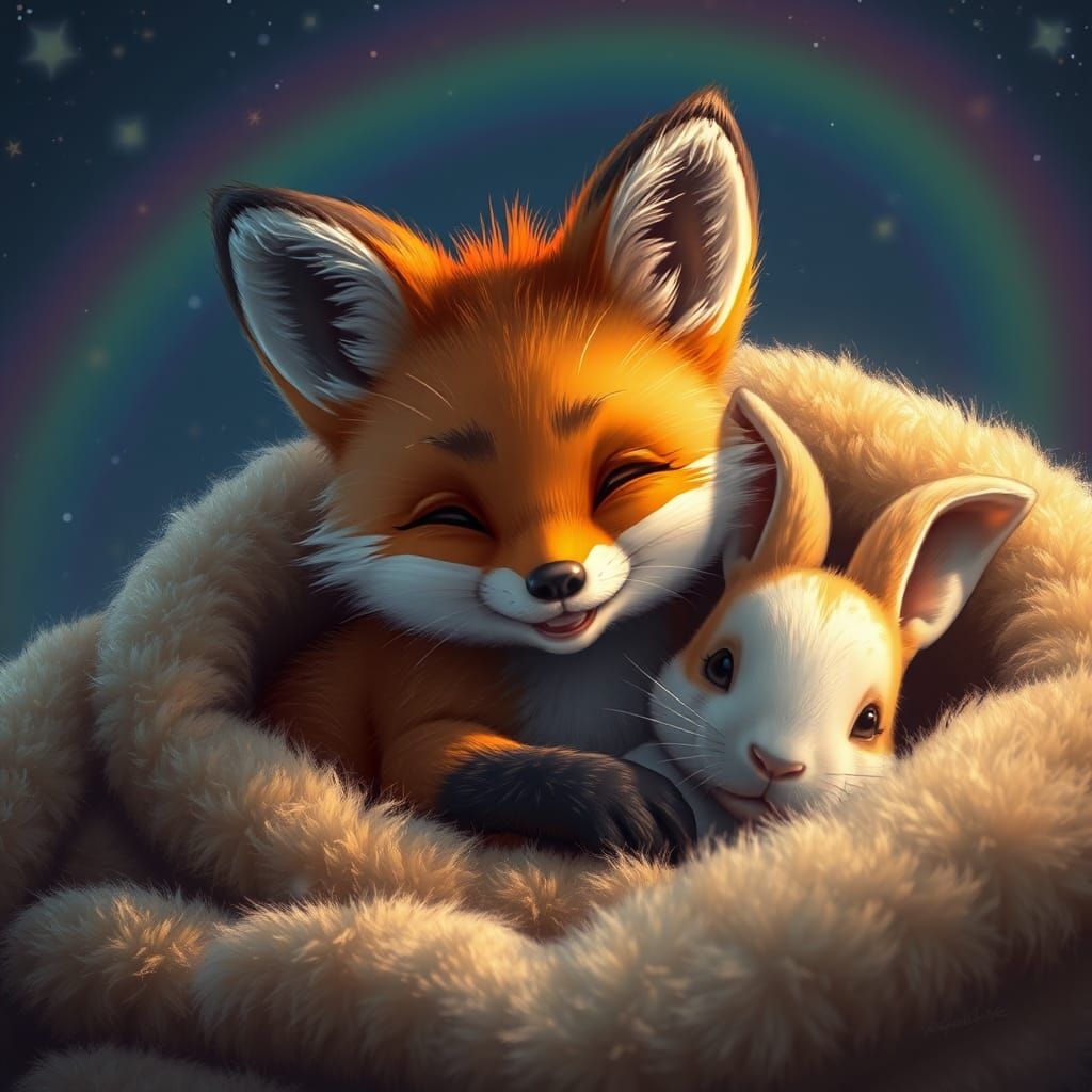 Whimsical Fox and Rabbit Duo Under Starry Skies