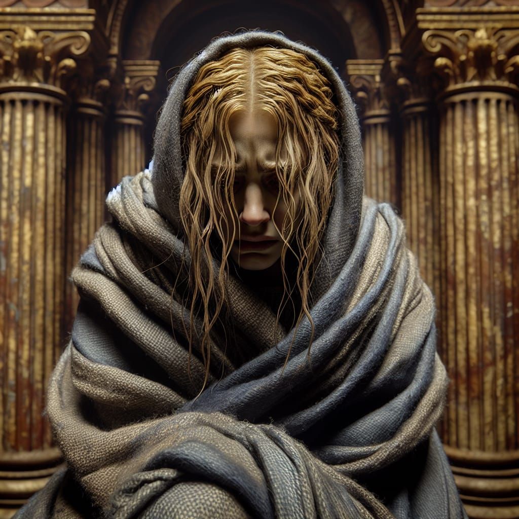 Oizys, Greek Goddess of Misery, in Ancient Temple