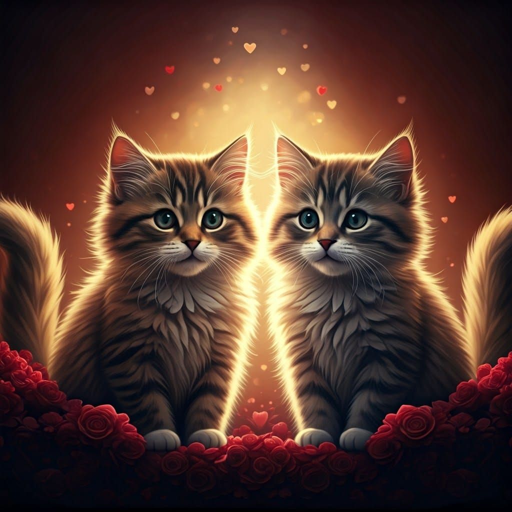 Whimsical Valentine Cats in a Fantastical Digital Landscape
