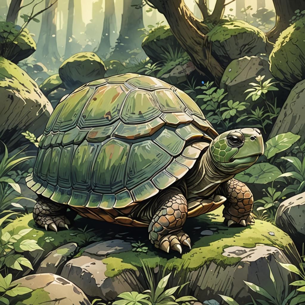 Surreal Cel-Shaded Anime Tortoise in Studio Trigger Style