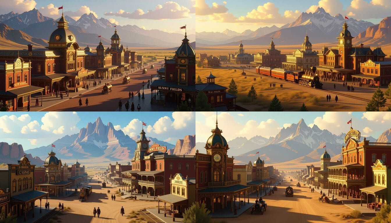 Wild West Steampunk City Overlooking Mountains in 1890s