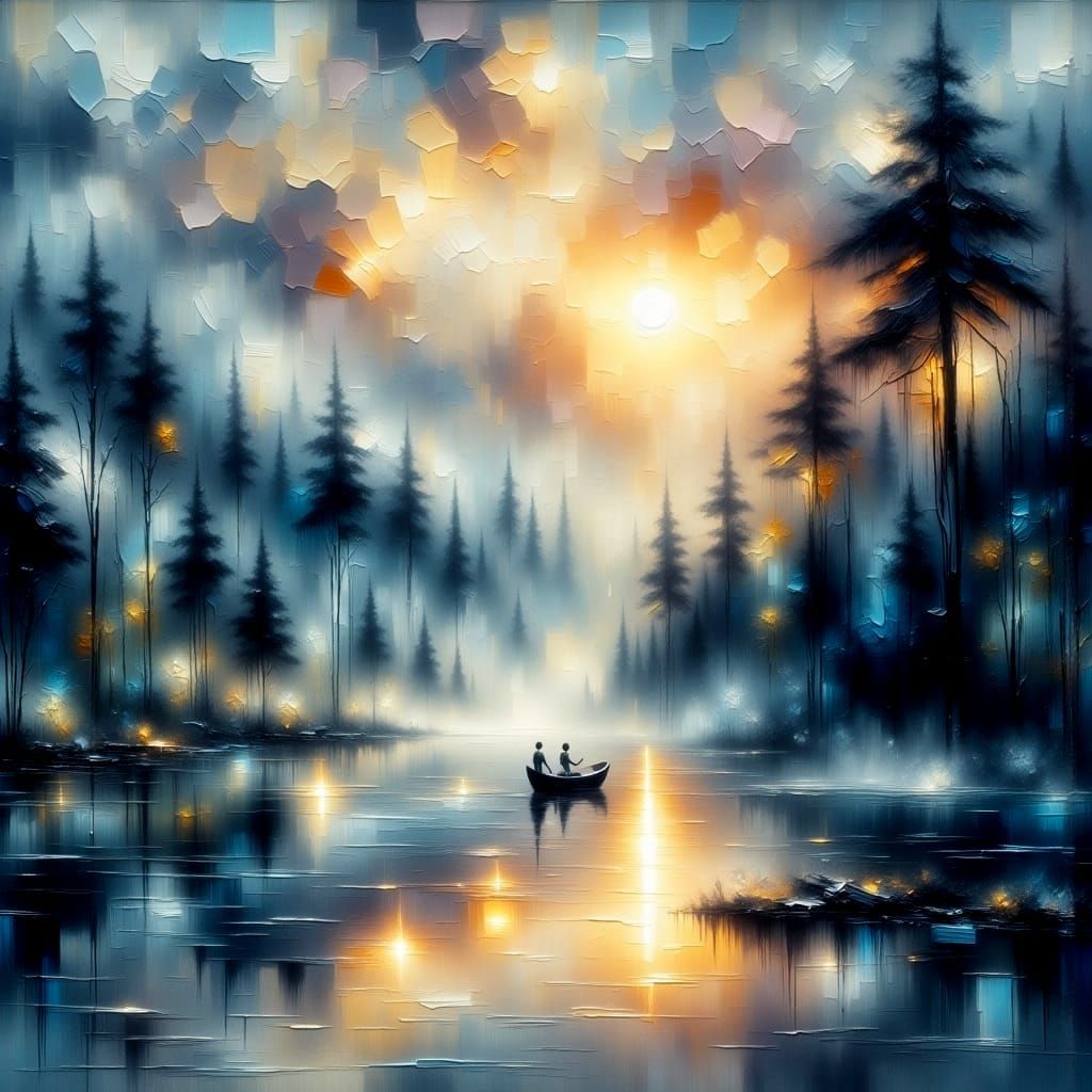 Tranquil Lake at Dawn: Impasto Oil Painting