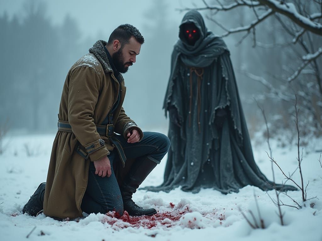 Melancholic Scene of Bleeding Man in Snow
