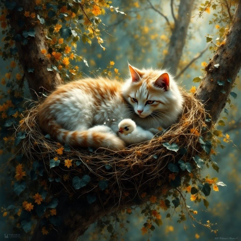 Whimsical Feline Guardian in a Fantastical Tree Nest