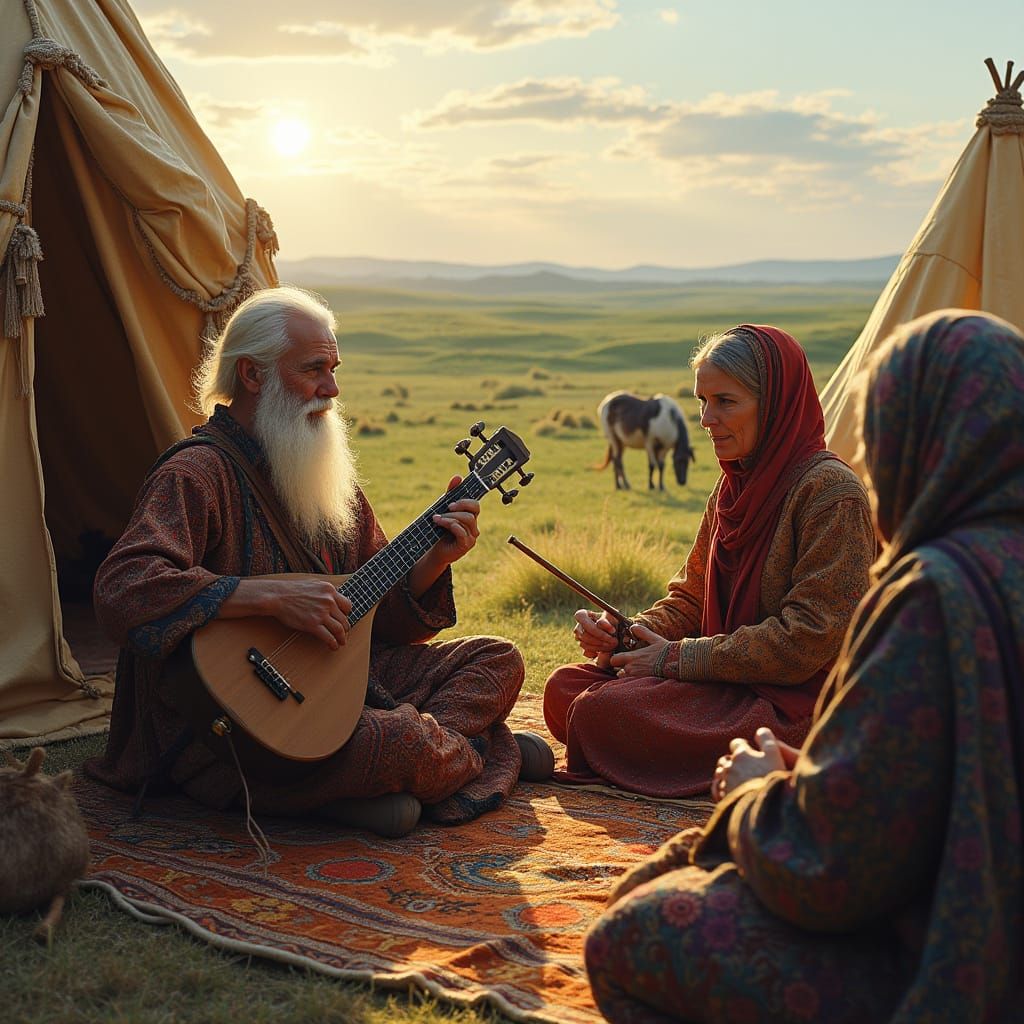 Elderly Turkic Leader Sits Among Tribe in Vibrant Nomadic En...