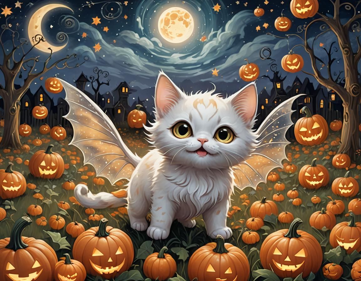 Whimsical Ghost Kitten in a Magical Pumpkin Patch
