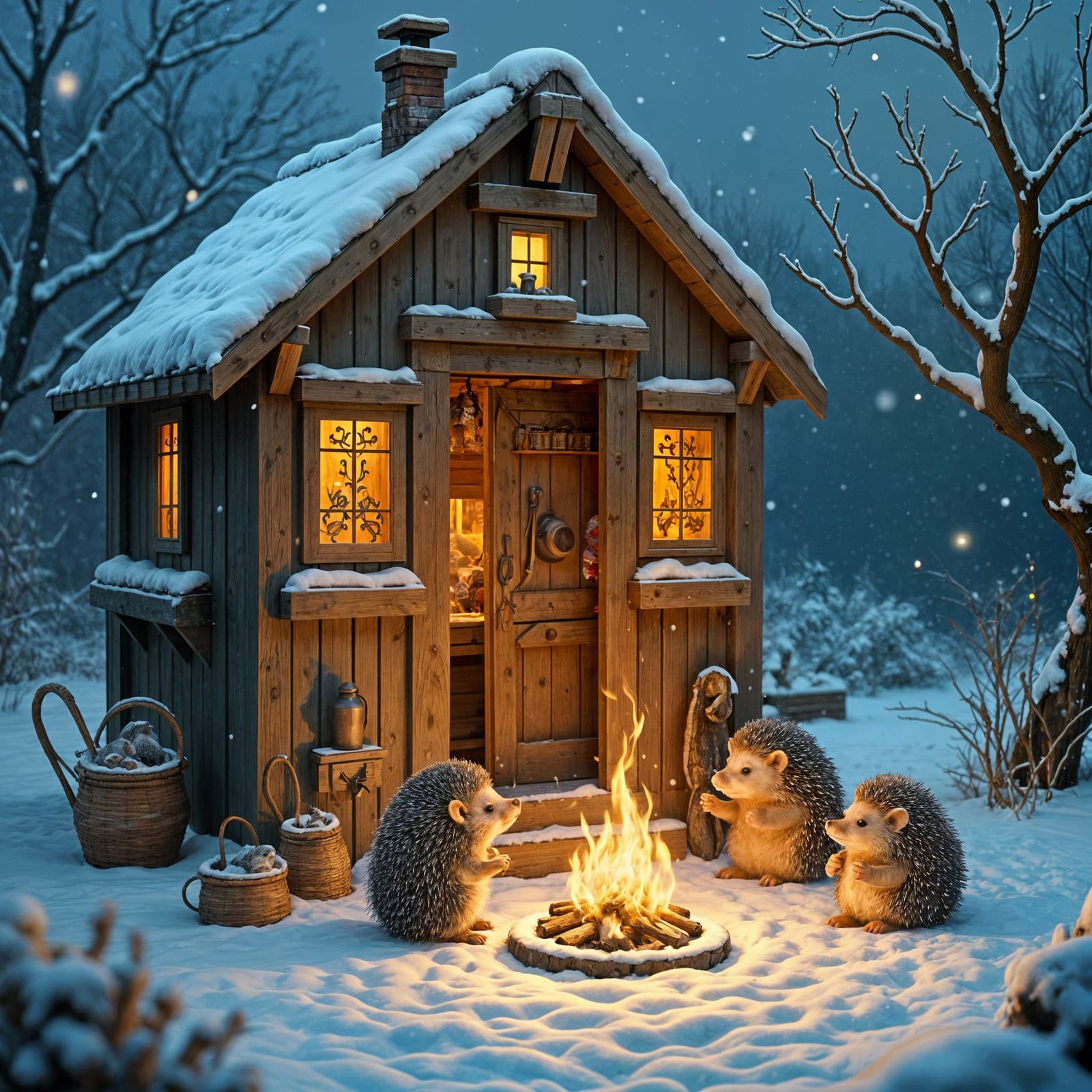 Winter Wonderland Woodland Garden Scene with Glowing Fire