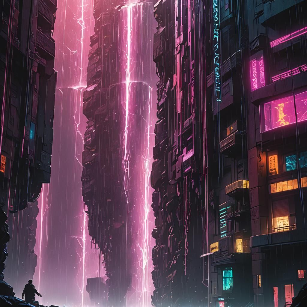 Rays of Light Refract Through Water in a Neon Cityscape