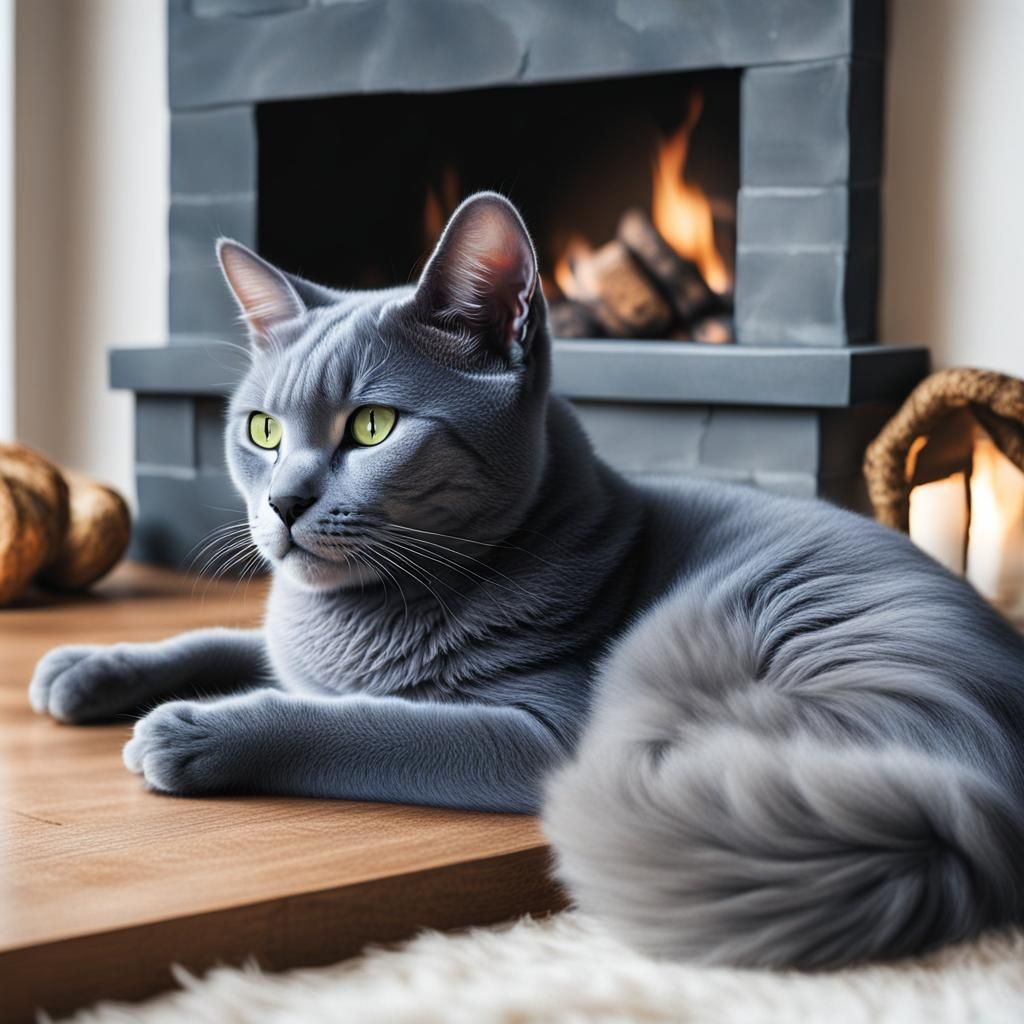 Whimsical Russian Blue Cat by Cozy Fireplace