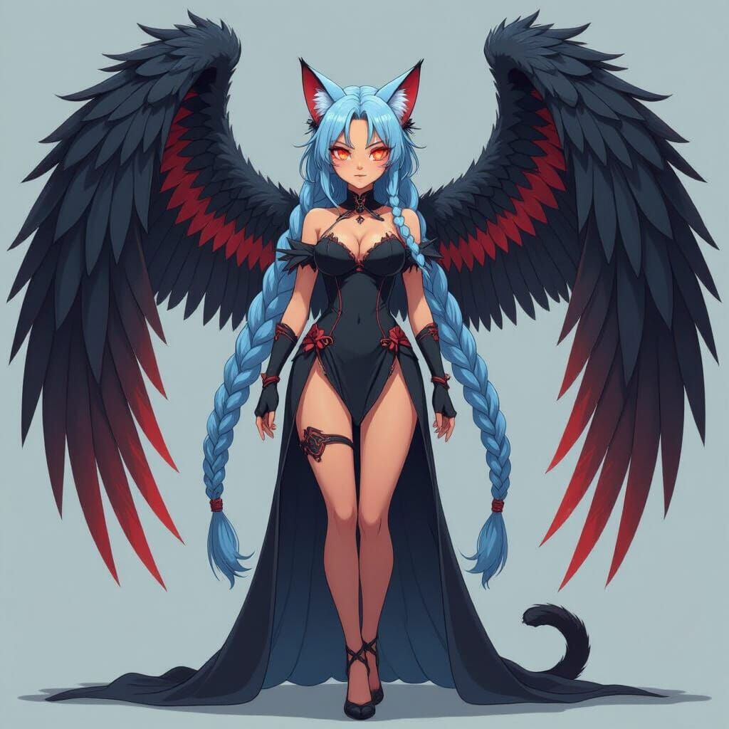Cat Girl With Black Feather Wings in Anime Style