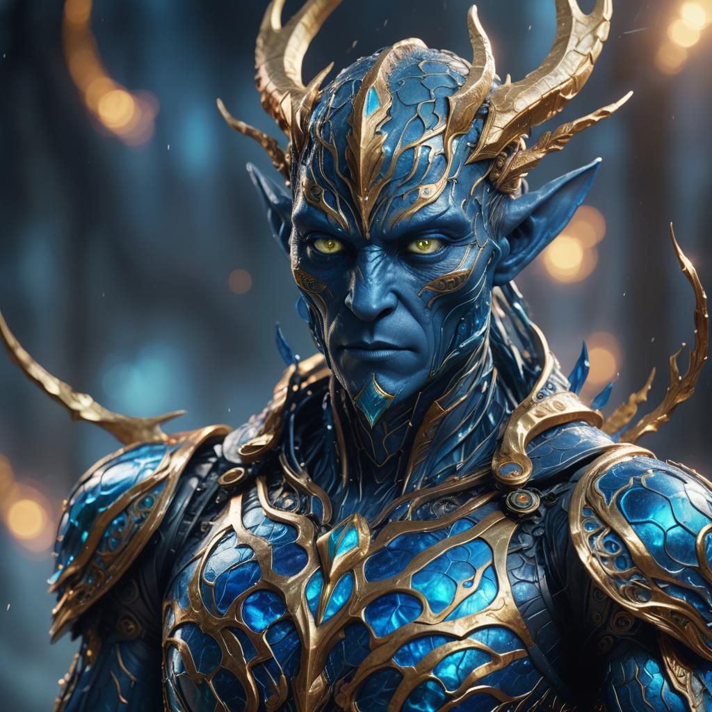 Surreal Blue Humanoid in Vast Fantasy Realm