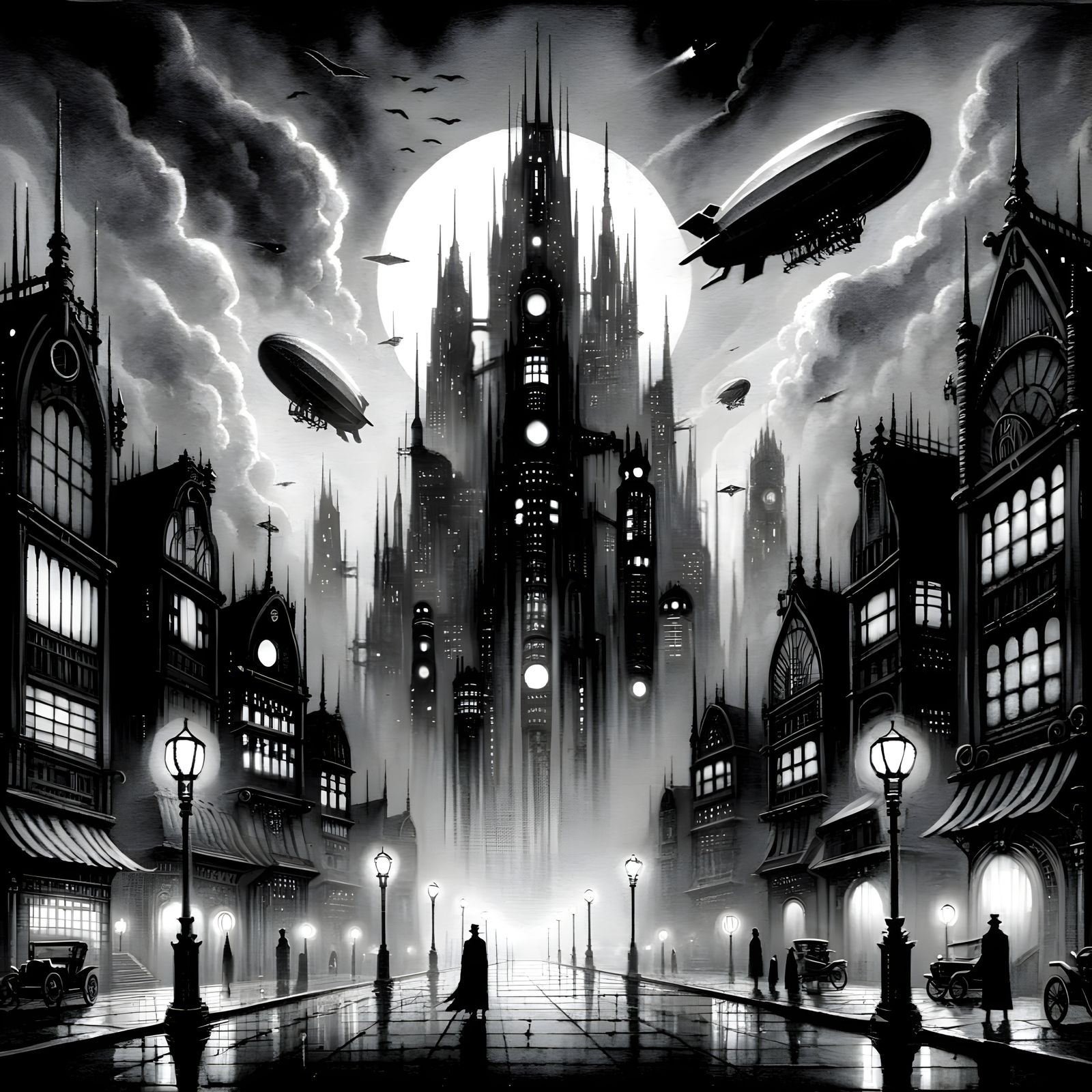 Gothic Science Fiction in Grayscale Watercolor