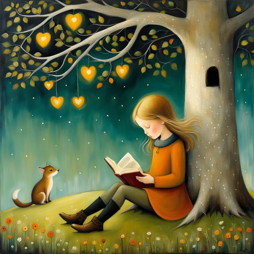 Cozy Girl Reads Under the Tree's Shade